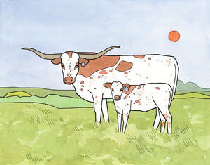 Texas Longhorns Whimsical Nursery Print, Texas Nursery