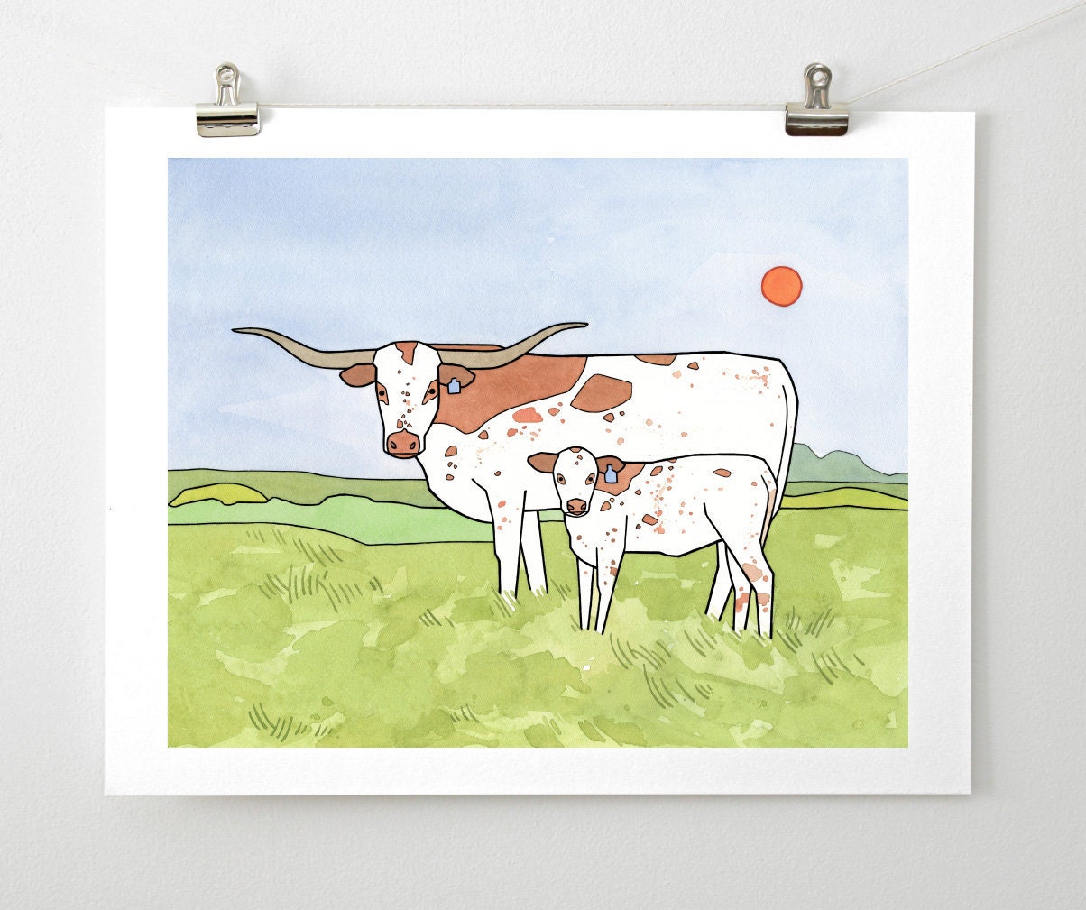 Texas Longhorns Whimsical Nursery Print, Texas Nursery
