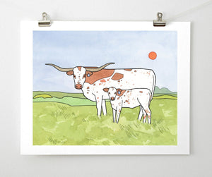 Texas Longhorns Whimsical Nursery Print, Texas Nursery