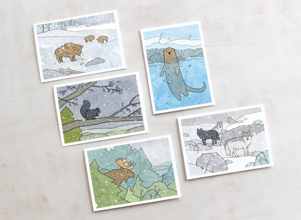 Animal Mixed Christmas Card Set 3, Mixed North American Animals, Winter Holiday Greeting Cards