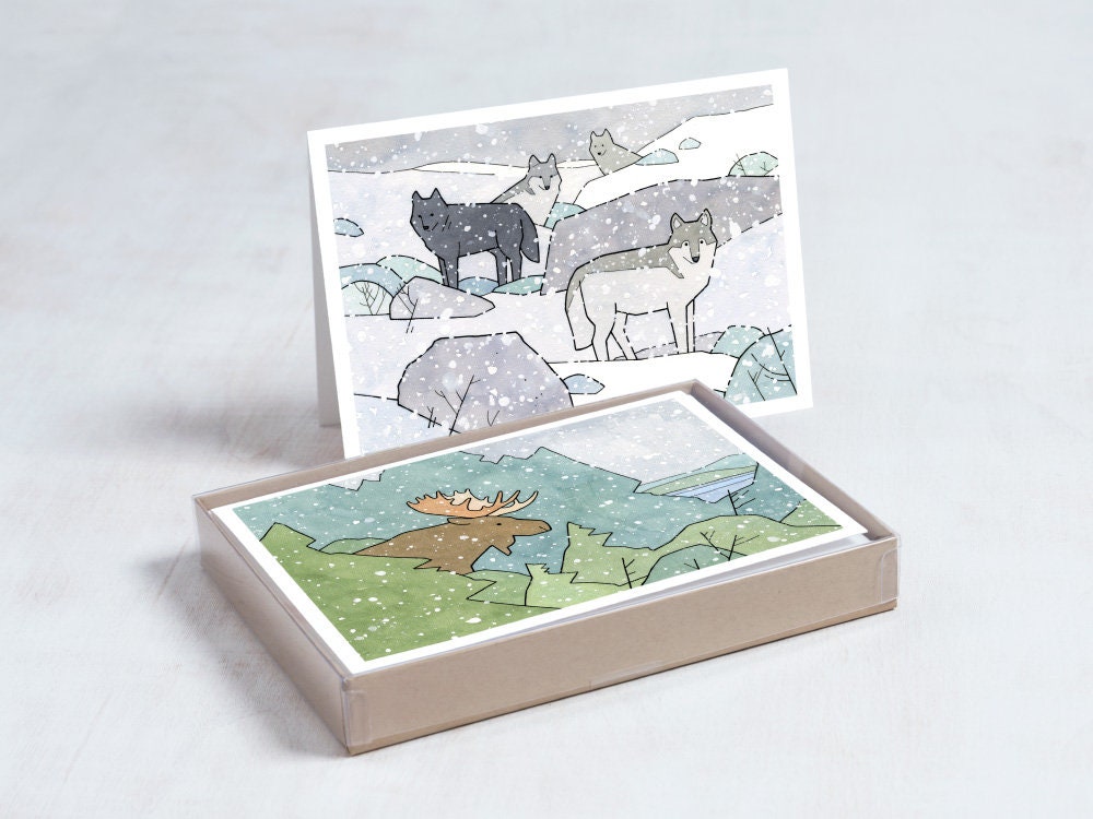 Animal Mixed Christmas Card Set 3, Mixed North American Animals, Winter Holiday Greeting Cards