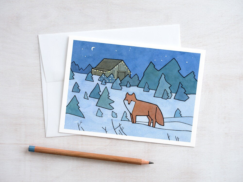 Red Fox Christmas Card, Christmas Tree Farm Illustration