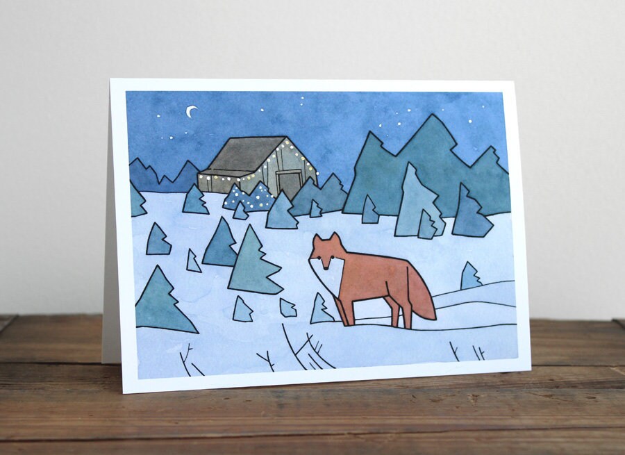 Red Fox Christmas Card, Christmas Tree Farm Illustration