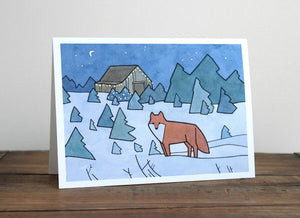 Red Fox Christmas Card, Christmas Tree Farm Illustration