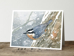 Nuthatch Bird in Snow Holiday Card, Woodland Nature Christmas Notecard