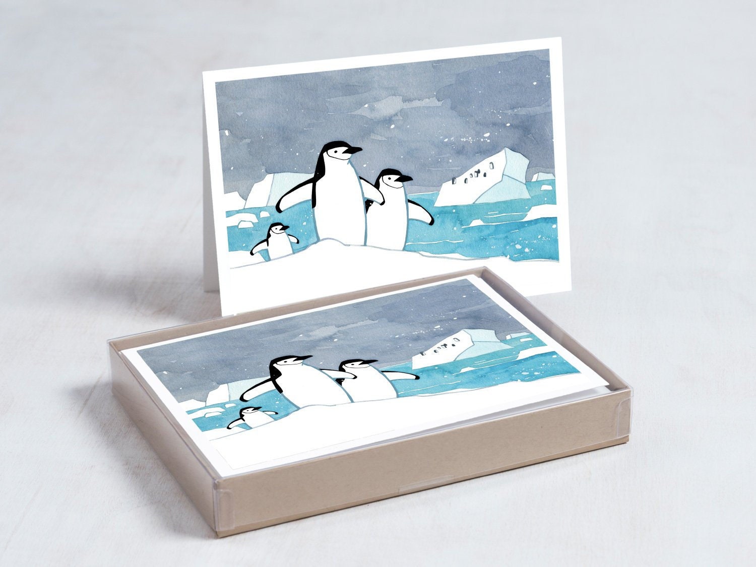 Penguins Christmas Card Set, Chinstrap Penguin Animal Illustration Holiday Card Set