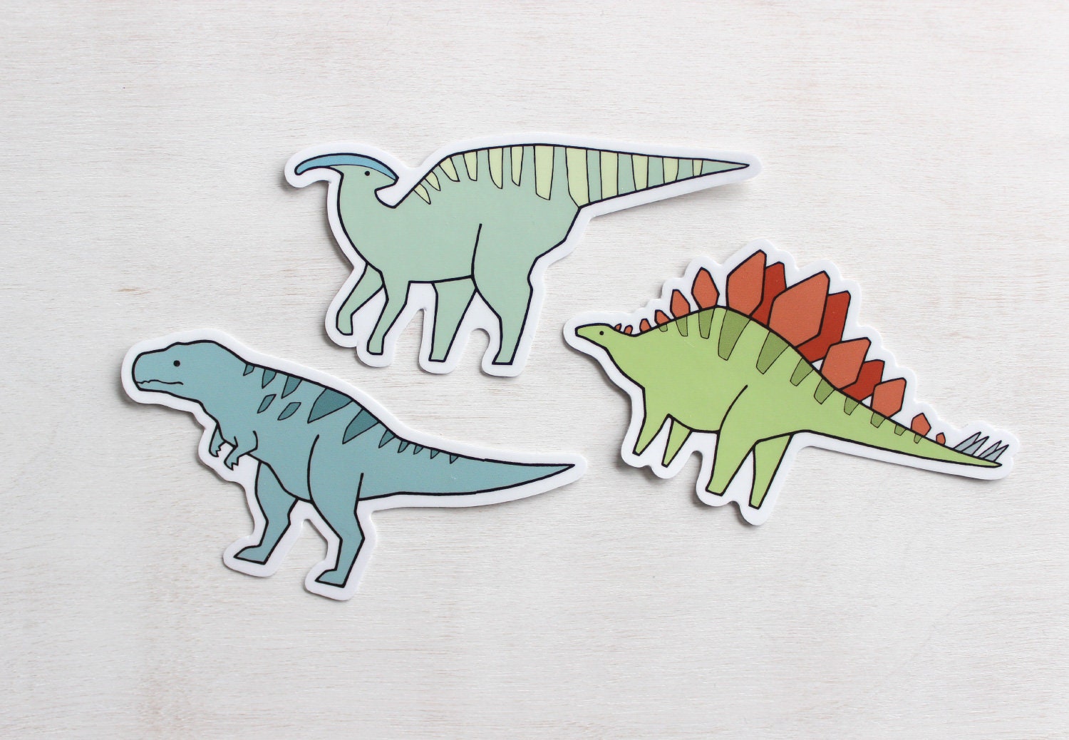 Dinosaur Sticker Set, 3 Die Cut Stickers, Stegosaurus, T Rex, & Duck Billed Dino Decals