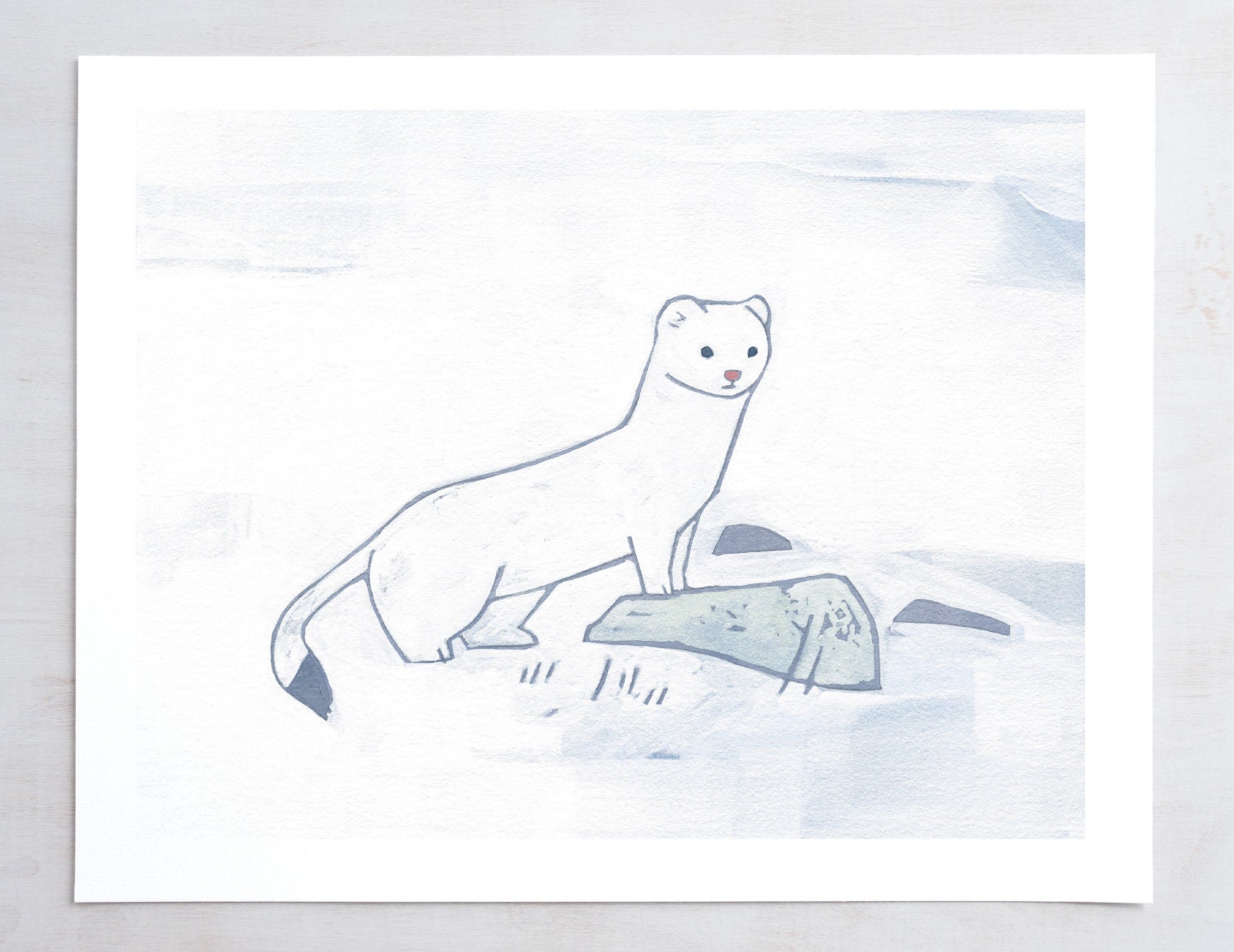 Ermine Print, White Weasel in Snow Painting, Whimsical Animal Art