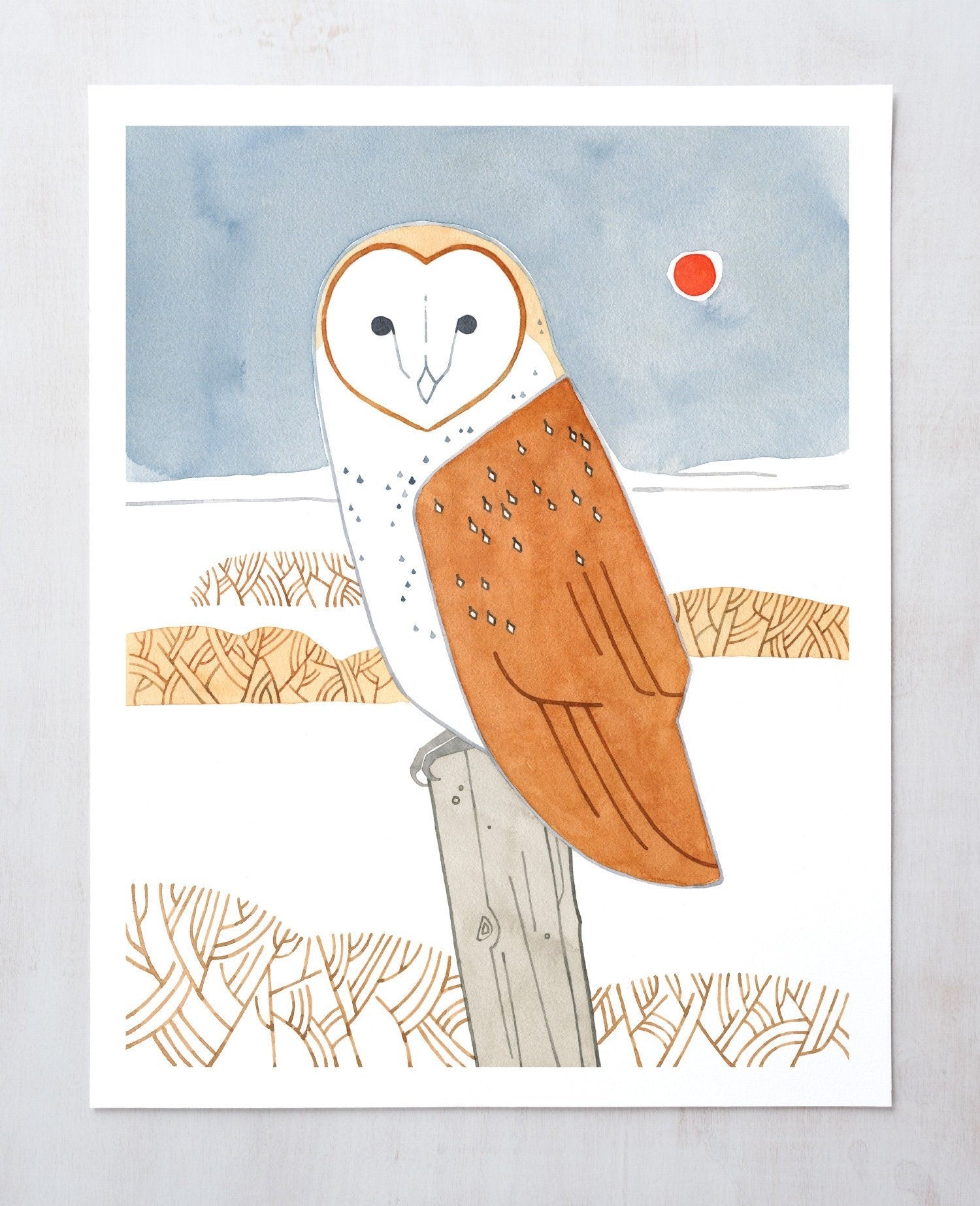 Barn Owl Folk Art Print, Winter Landscape Watercolor Bird Painting