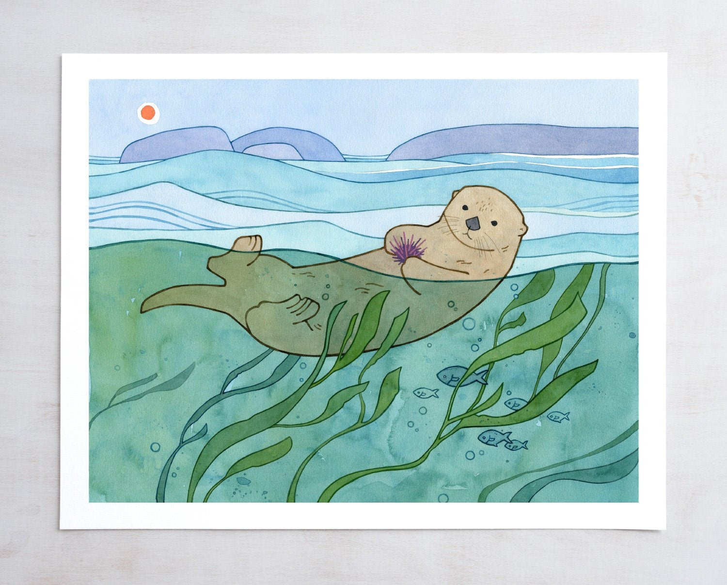 Sea Otter Art Print, Cute Otter Ocean Animal Watercolor, Kids Nursery Room Decor