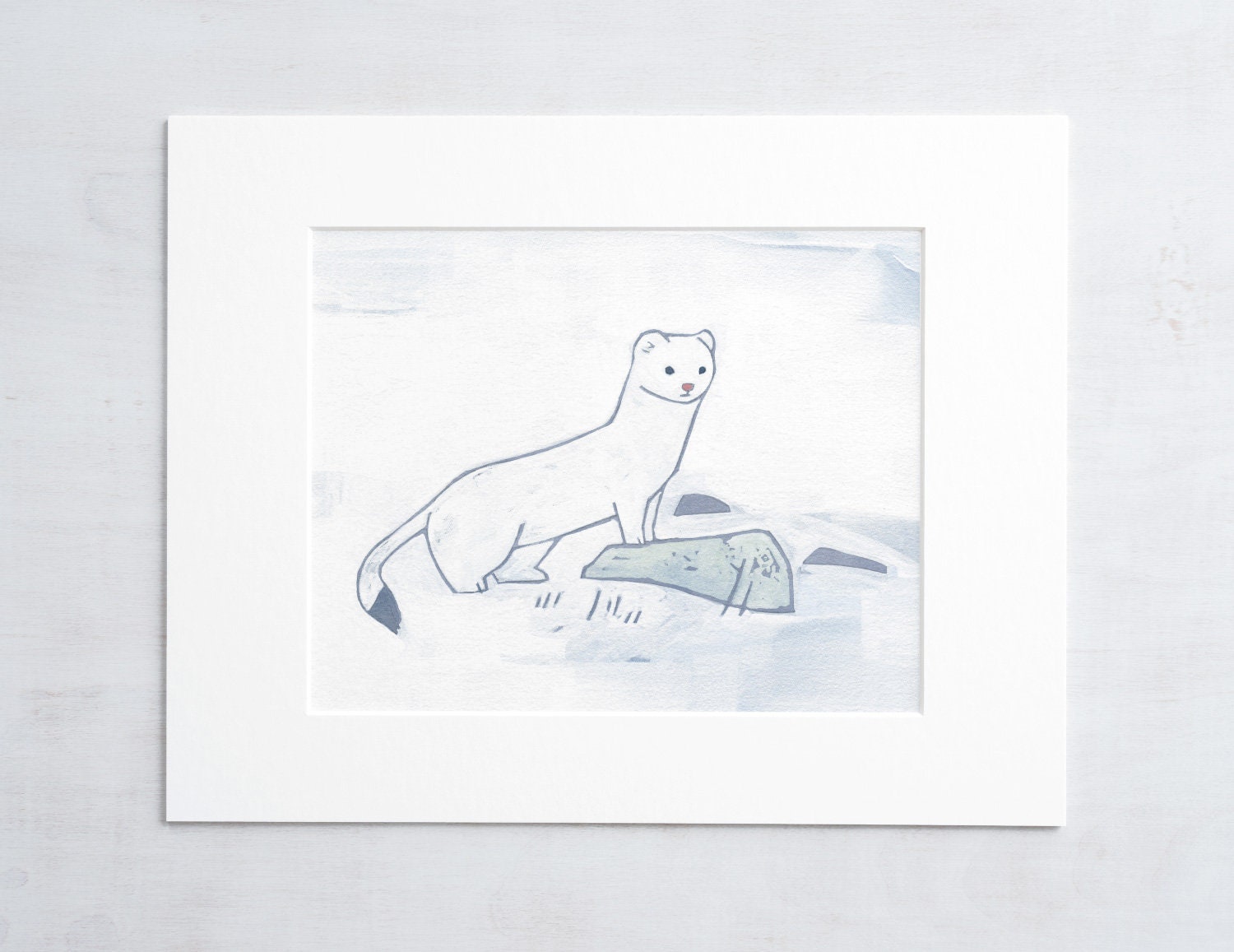 Ermine Print, White Weasel in Snow Painting, Whimsical Animal Art