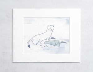 Ermine Print, White Weasel in Snow Painting, Whimsical Animal Art