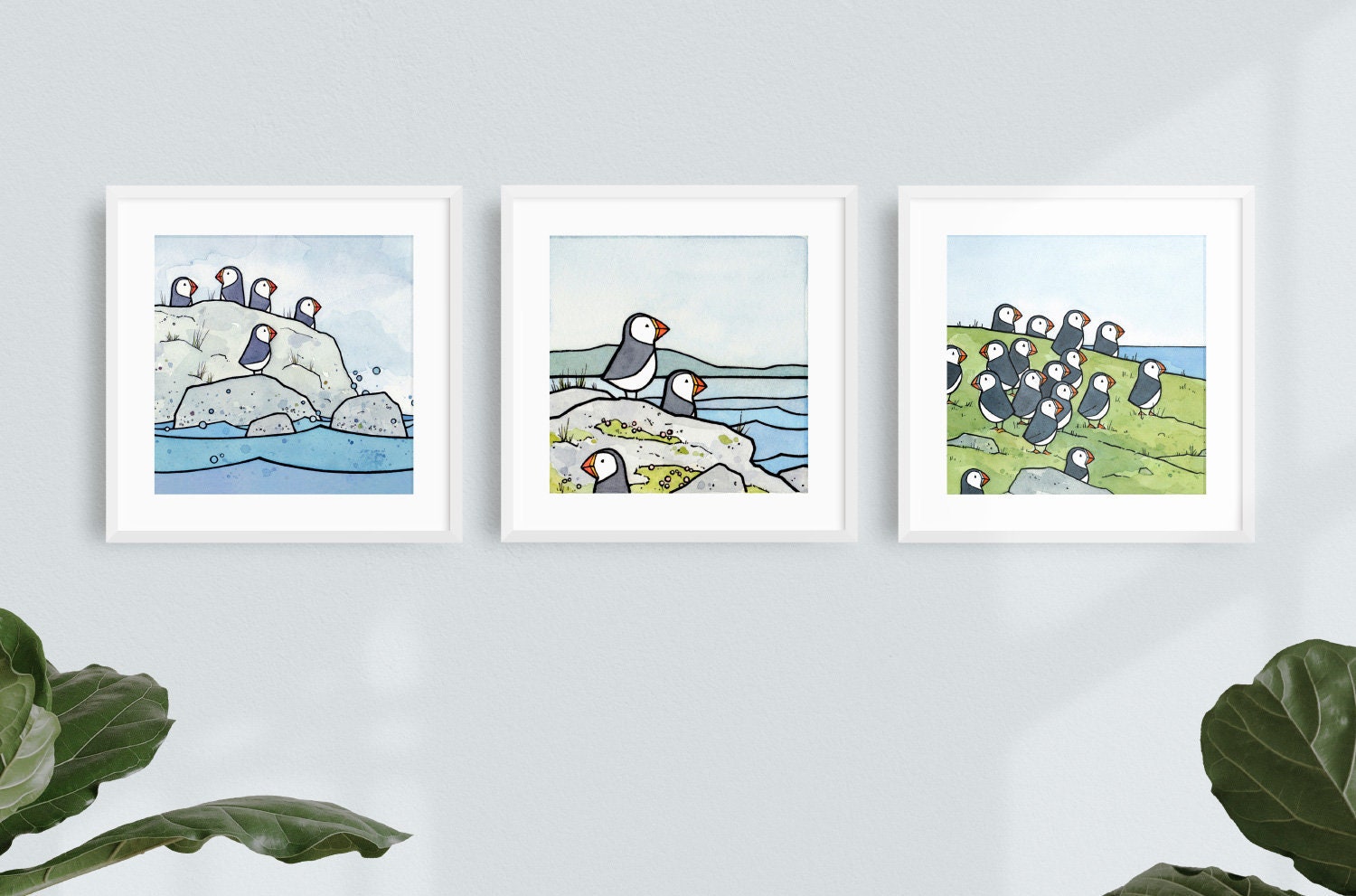 Puffins Illustration Print Set - Three 5x5 Prints