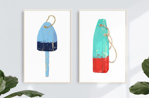 Lobster Buoy Print, Nautical Wall Art, Teal and Red