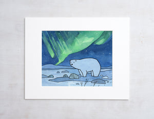 Polar Bear and Northern Lights Art Print, Arctic Nursery, Cute Animal Illustration