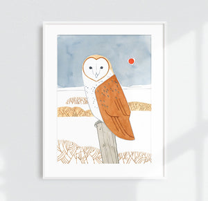 Barn Owl Folk Art Print, Winter Landscape Watercolor Bird Painting