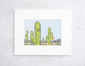 Owls and Saguaro Cactus Print, Whimsical South West Desert Illustration Wall Art