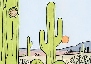 Owls and Saguaro Cactus Print, Whimsical South West Desert Illustration Wall Art