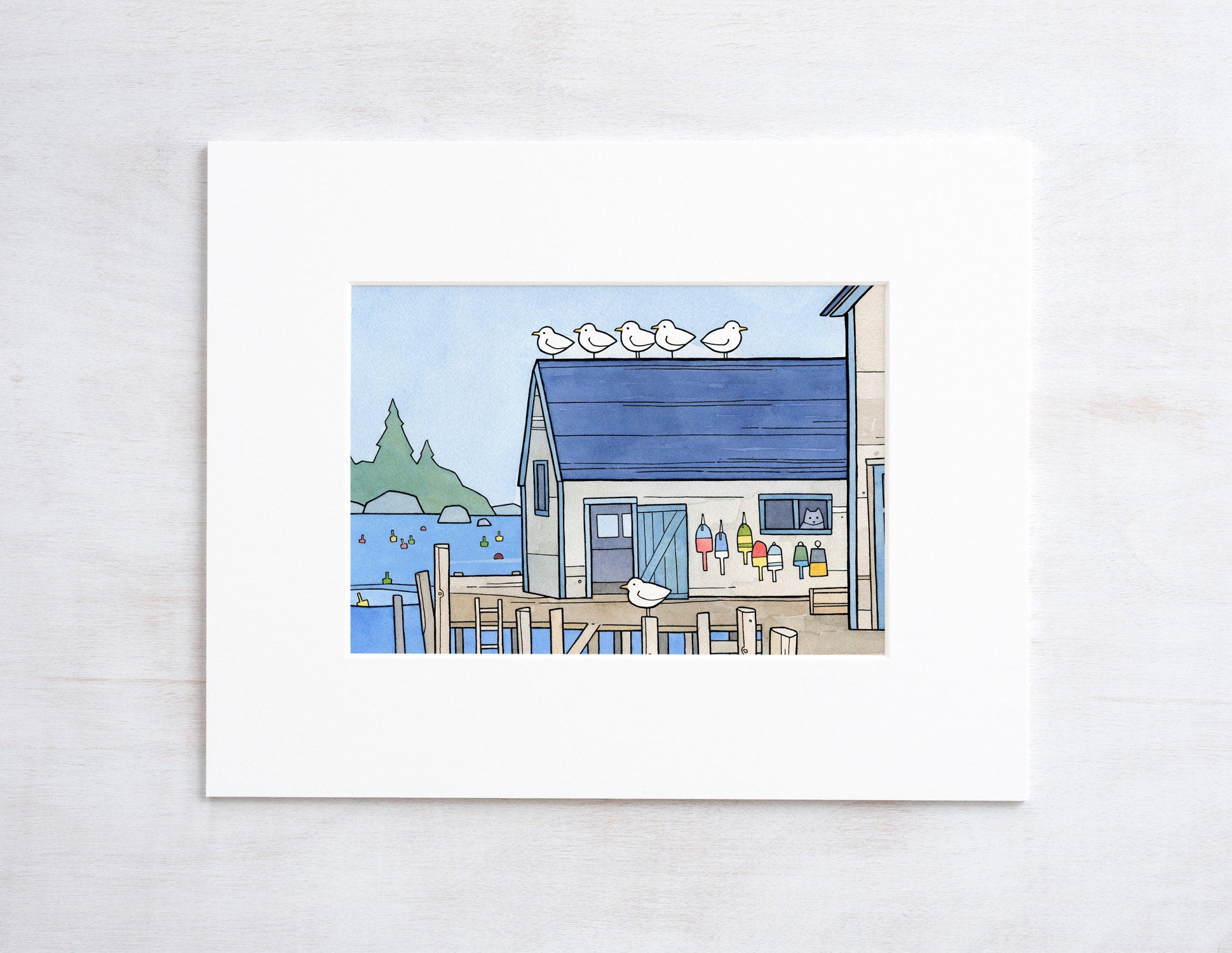 Whimsical New England Seascape Print, Lobster Dock Art Print, Watercolor Art Print