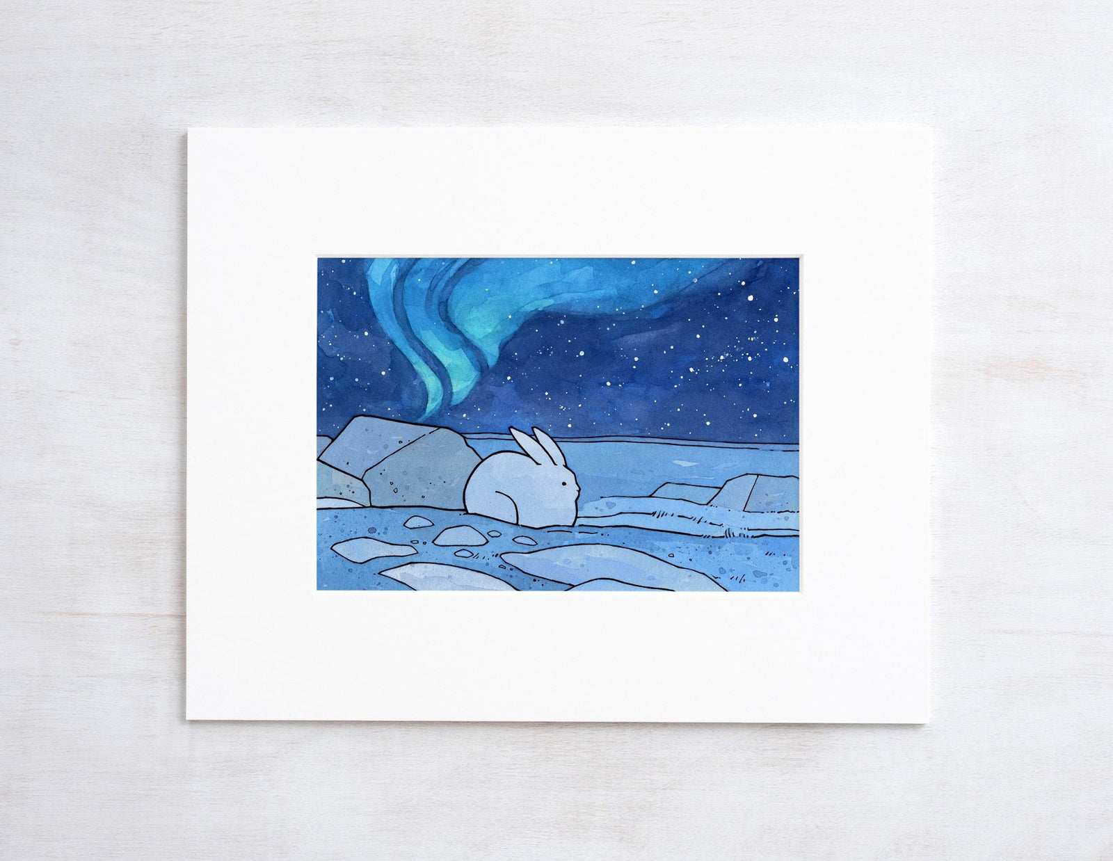 Arctic Northern Lights Print, Snowshoe Hare Illustration