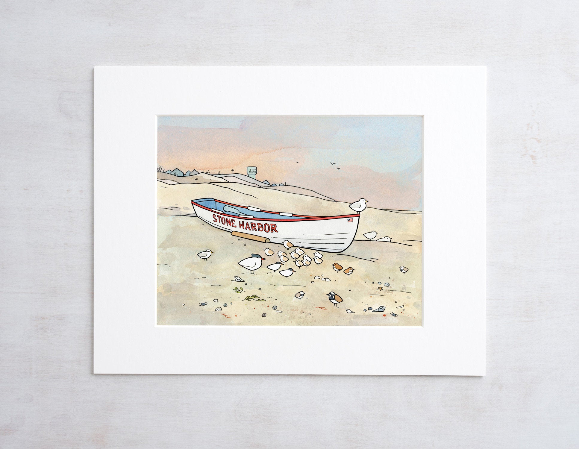 Stone Harbor Boat, Beach Shorebirds and Sandpipers Illustration Print New Jersey Shore, Wall Art