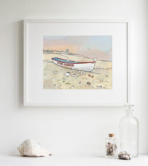 Stone Harbor Boat, Beach Shorebirds and Sandpipers Illustration Print New Jersey Shore, Wall Art