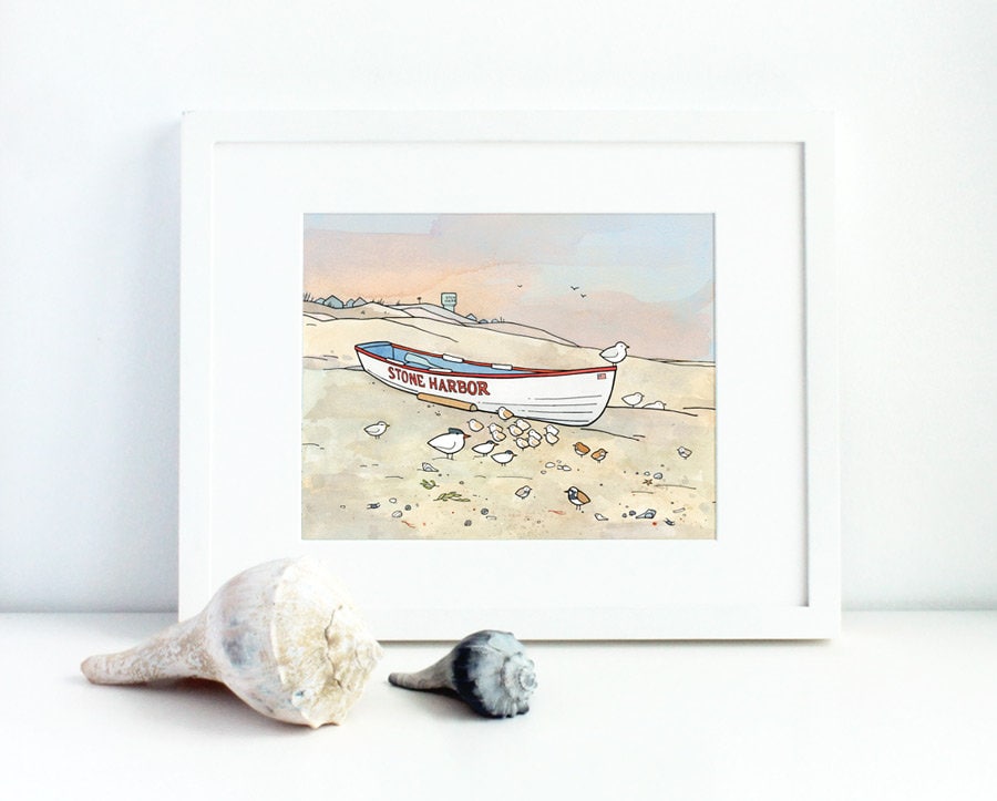 Stone Harbor Boat, Beach Shorebirds and Sandpipers Illustration Print New Jersey Shore, Wall Art