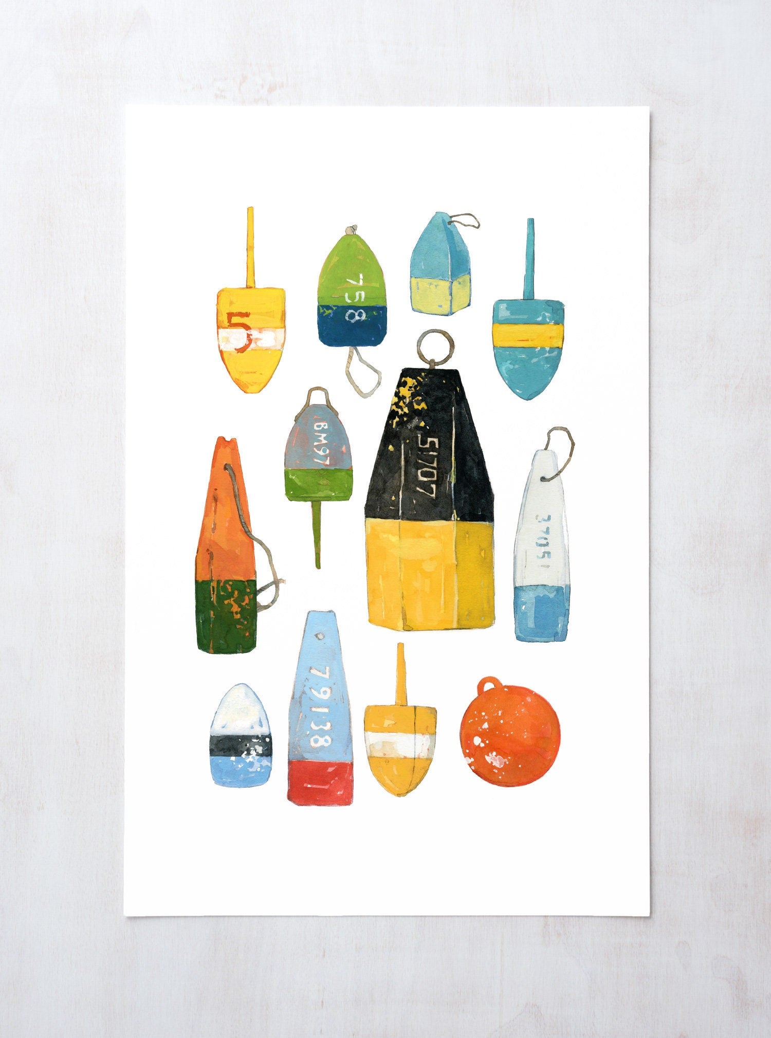 Lobster Buoys Watercolor Painting, Colorful Nautical Print