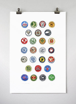 Bottlecaps Alphabet Art Print, Father's Day Gift, Beer Poster