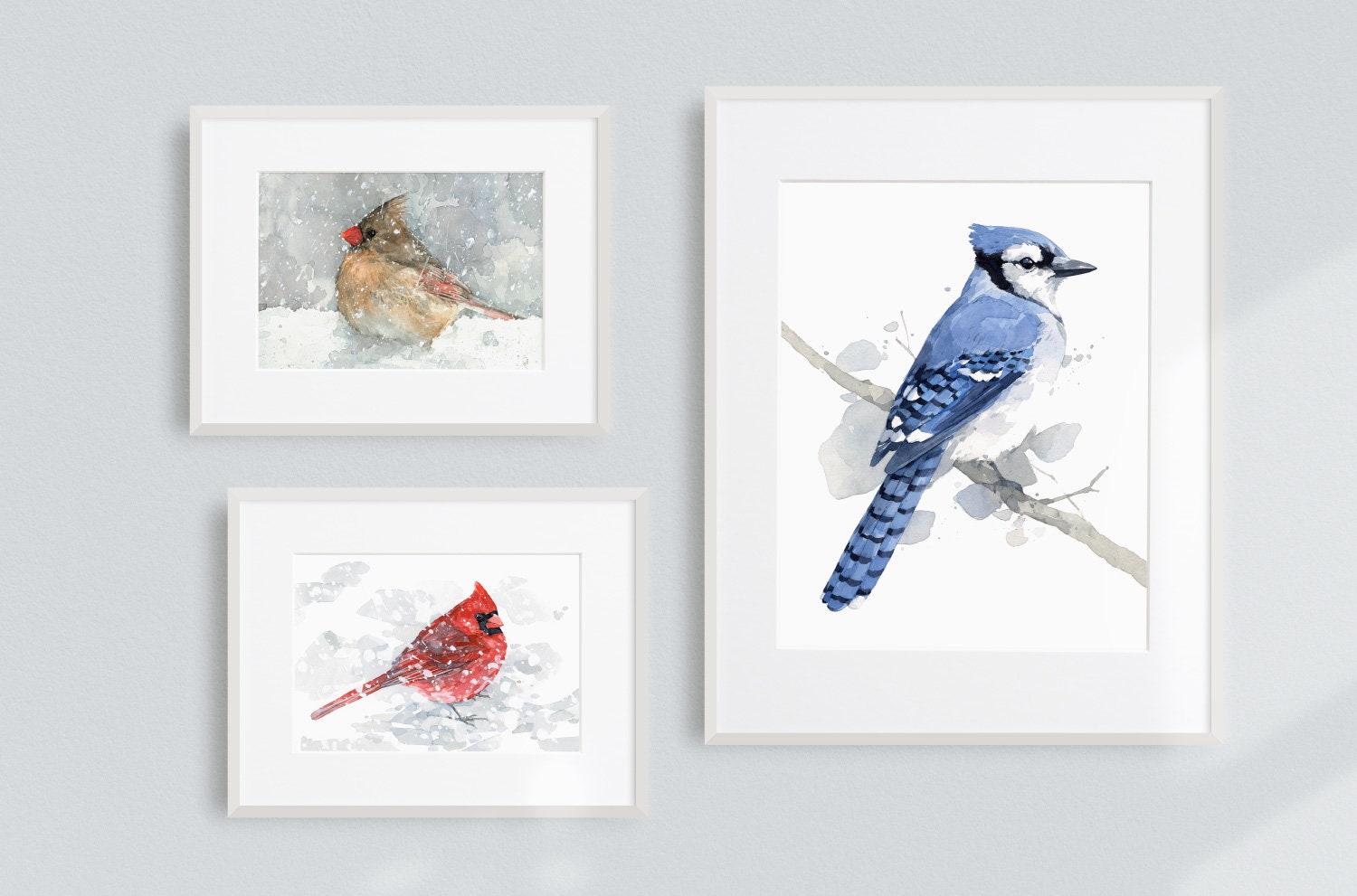 Red Cardinal in Snow Watercolor Painting, 5x7 Bird Art Print