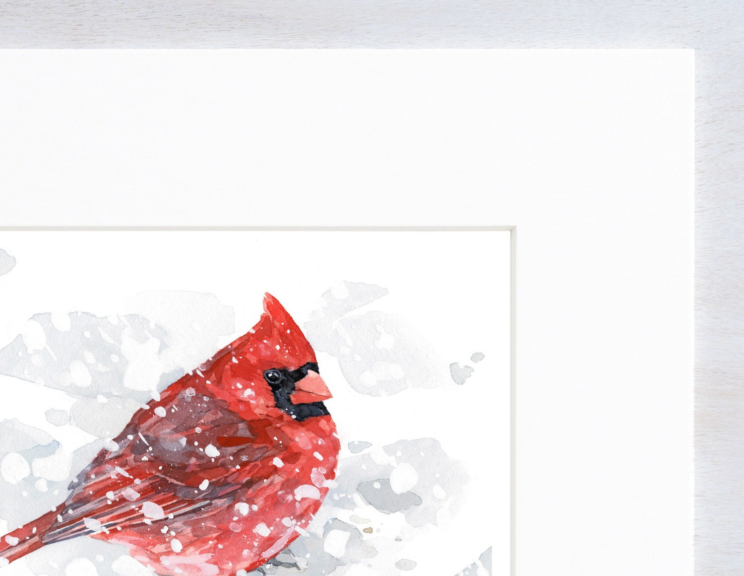 Red Cardinal in Snow Watercolor Painting, 5x7 Bird Art Print