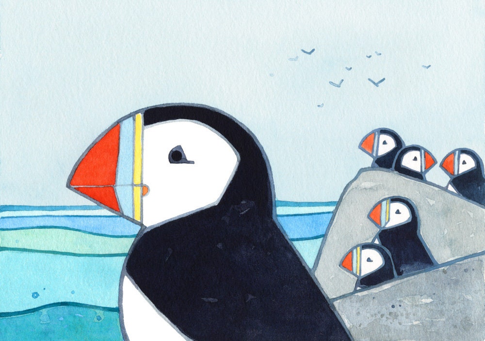 Puffin Island Art Print, Coastal Kids Room Decor, Children's Wall Art