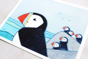 Puffin Island Art Print, Coastal Kids Room Decor, Children's Wall Art