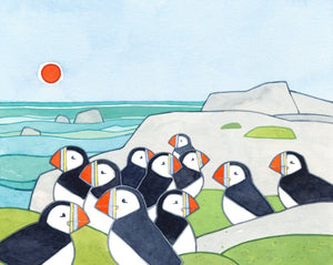 Puffin Colony Art Print, Whimsical Bird Illustration Wall Decor, Puffin Rock