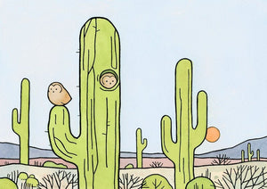 Owls and Saguaro Cactus Print, Whimsical South West Desert Illustration Wall Art