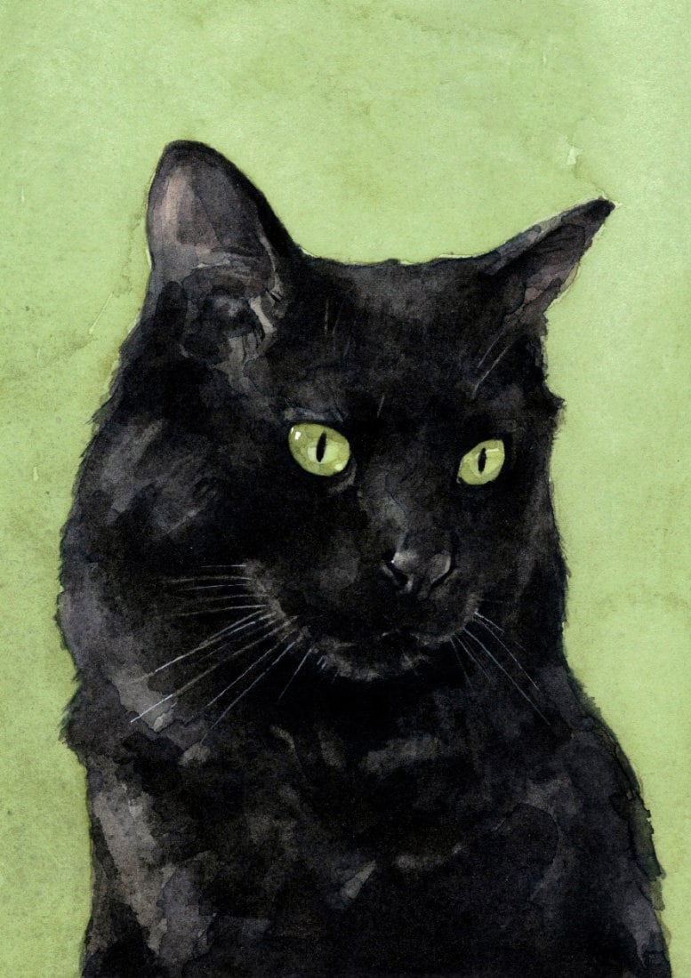 Black Cat Watercolor Painting 5x7 Print, Feline