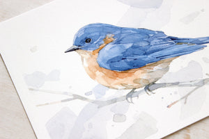 Bluebird Watercolor Print, Woodland Painting, Bird Decor, 5x7