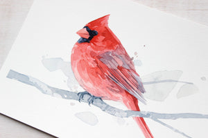 Red Cardinal Watercolor Art Print, 5x7 Bird Painting Wall Art