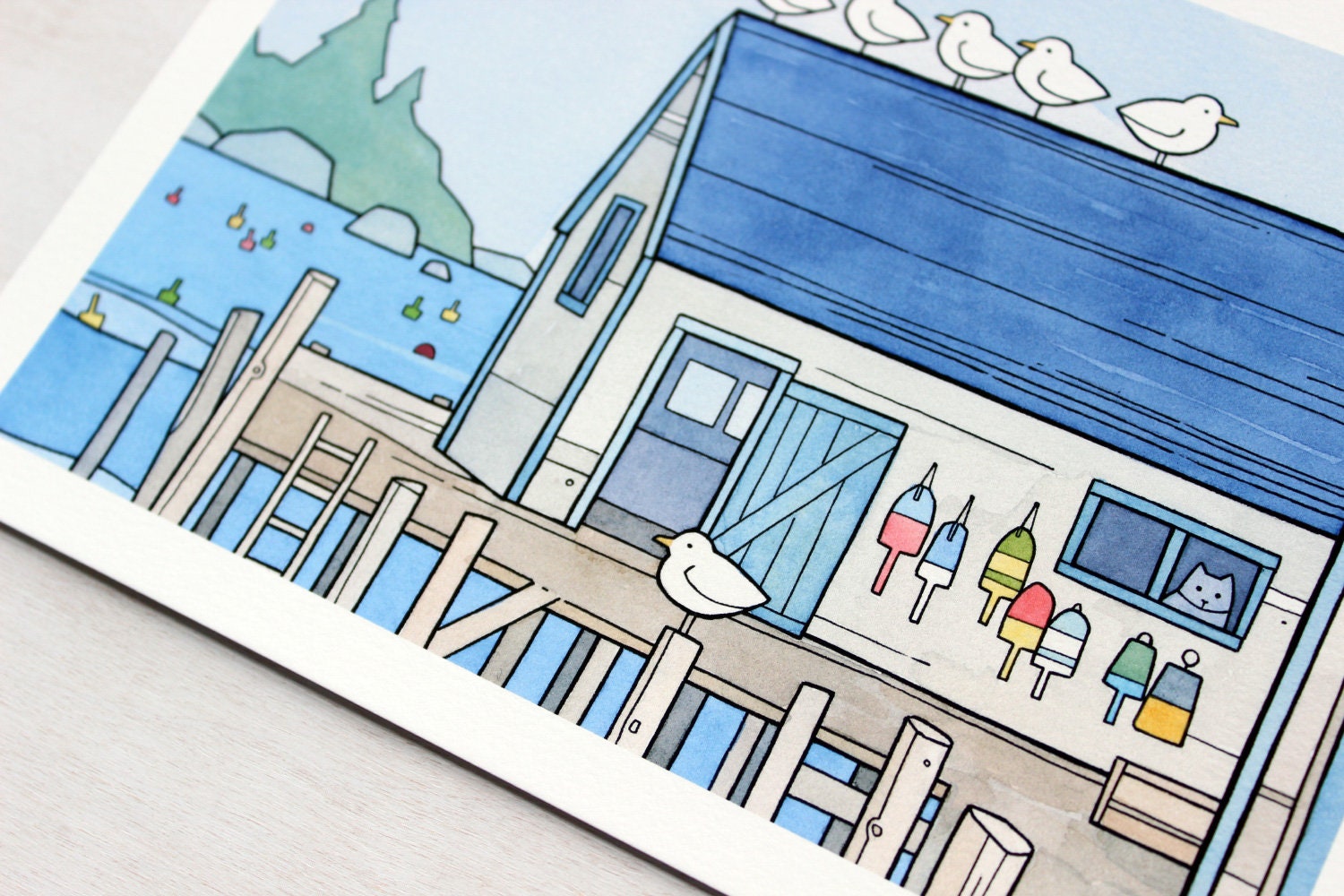 Whimsical New England Seascape Print, Lobster Dock Art Print, Watercolor Art Print