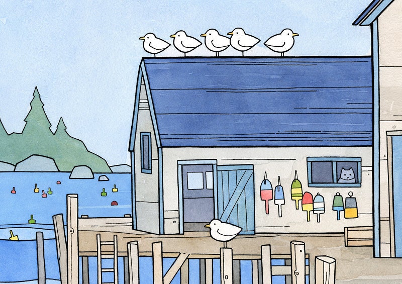 Whimsical New England Seascape Print, Lobster Dock Art Print, Watercolor Art Print