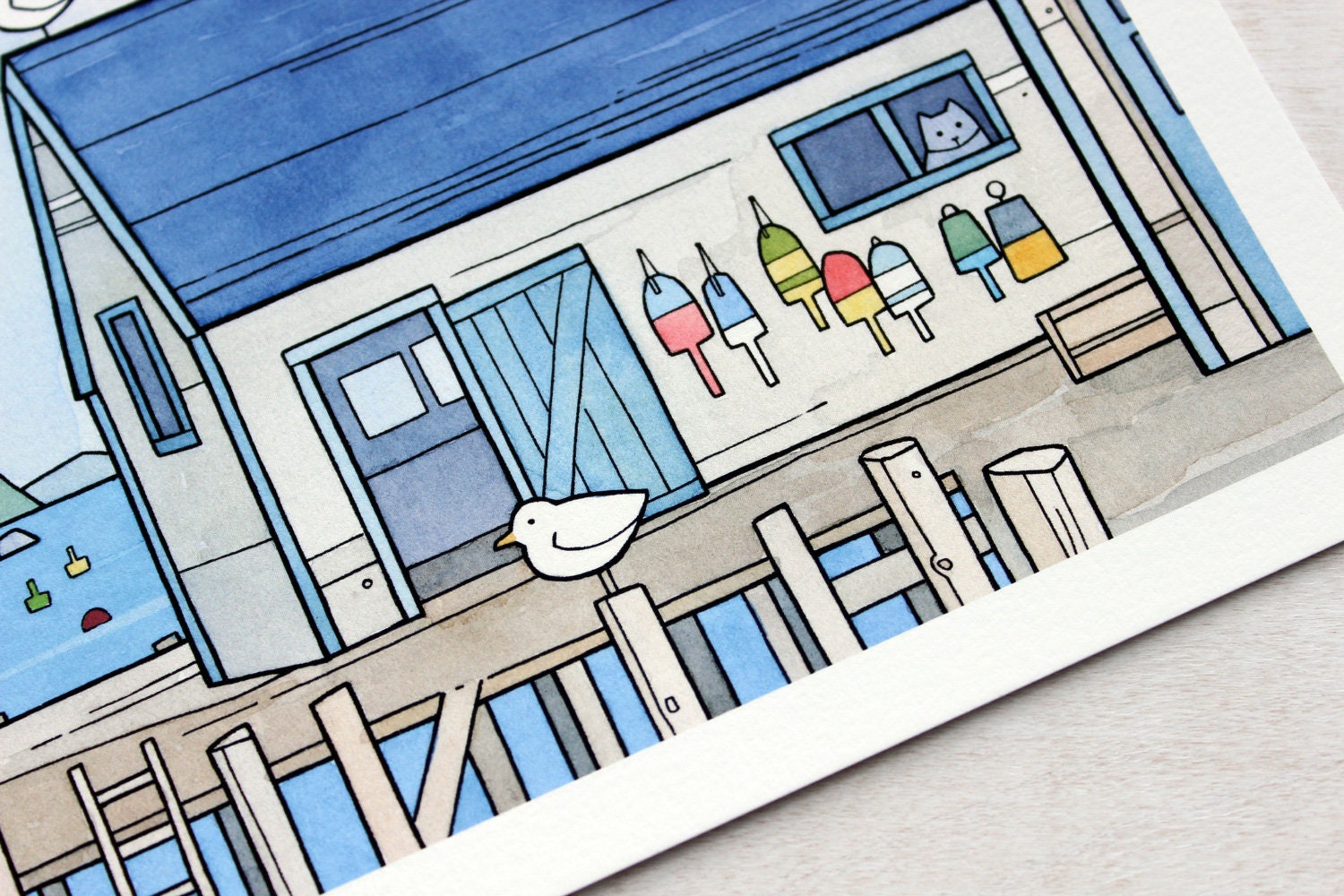 Whimsical New England Seascape Print, Lobster Dock Art Print, Watercolor Art Print