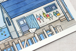 Whimsical New England Seascape Print, Lobster Dock Art Print, Watercolor Art Print