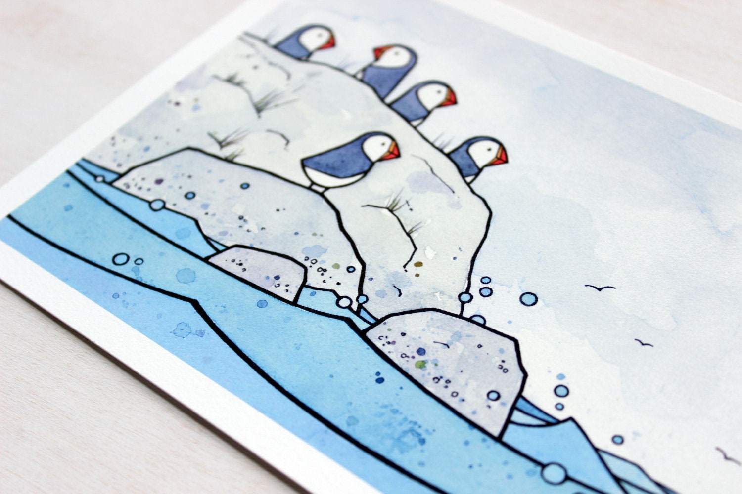 Puffin Art Print, Ink and Watercolor Bird Illustration