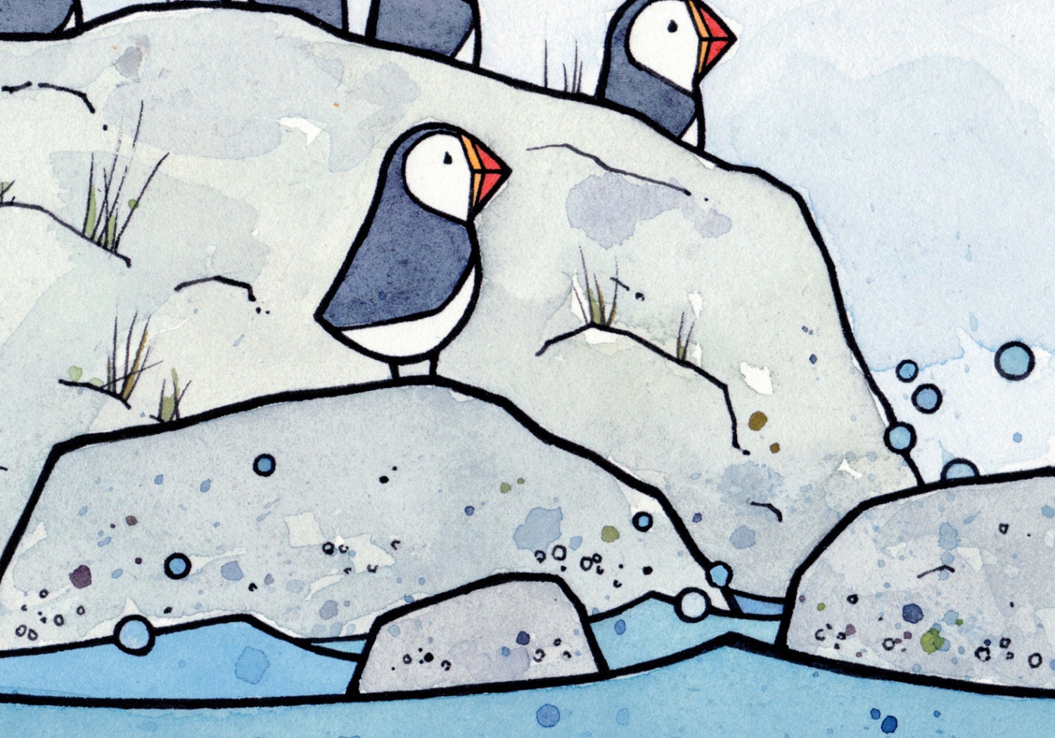 Puffin Art Print, Ink and Watercolor Bird Illustration