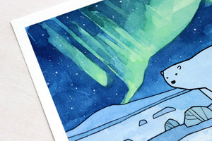 Polar Bear and Northern Lights Art Print, Arctic Nursery, Cute Animal Illustration