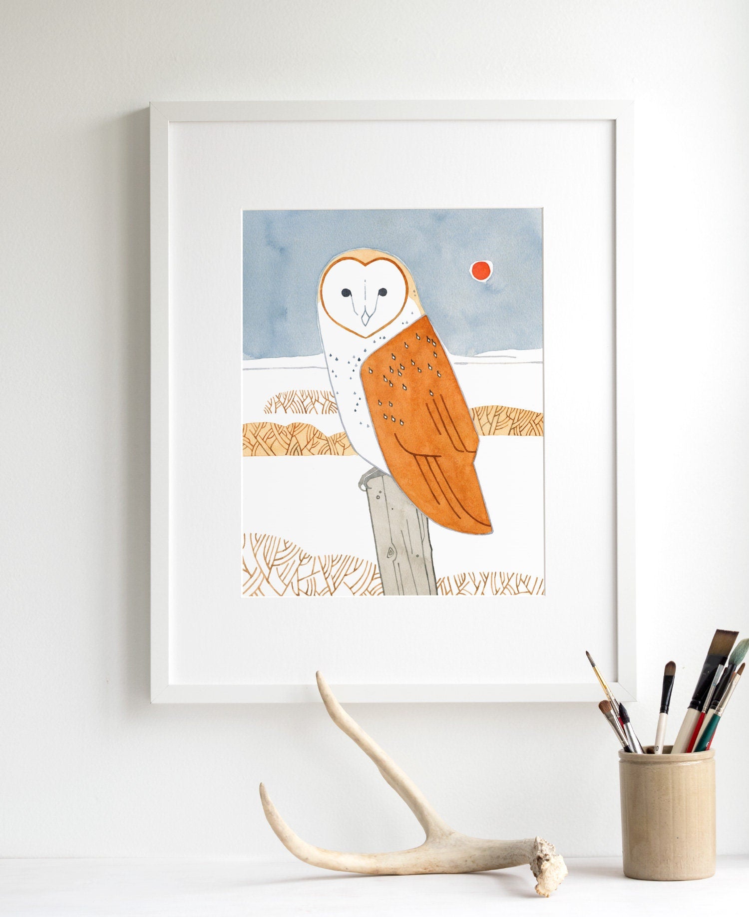 Barn Owl Folk Art Print, Winter Landscape Watercolor Bird Painting
