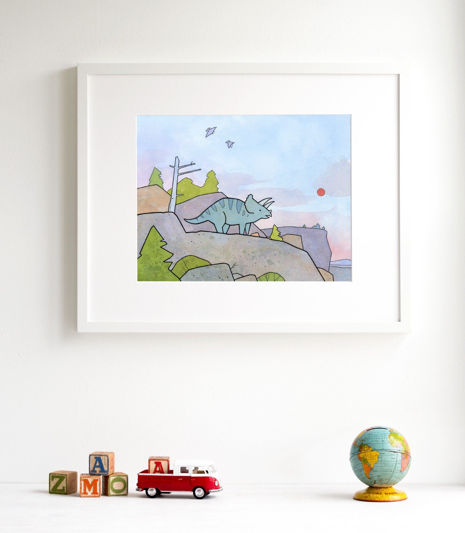 Triceratops Wall Art Illustration Print, Dinosaur Wall Art, Nursery Decor