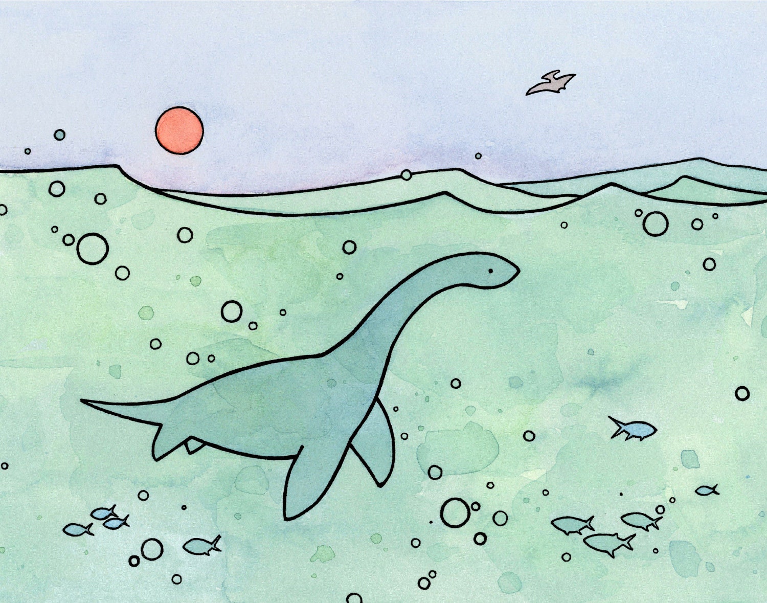 Plesiosaur Art Print, Dinosaur Illustration Wall Art