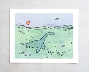 Plesiosaur Art Print, Dinosaur Illustration Wall Art