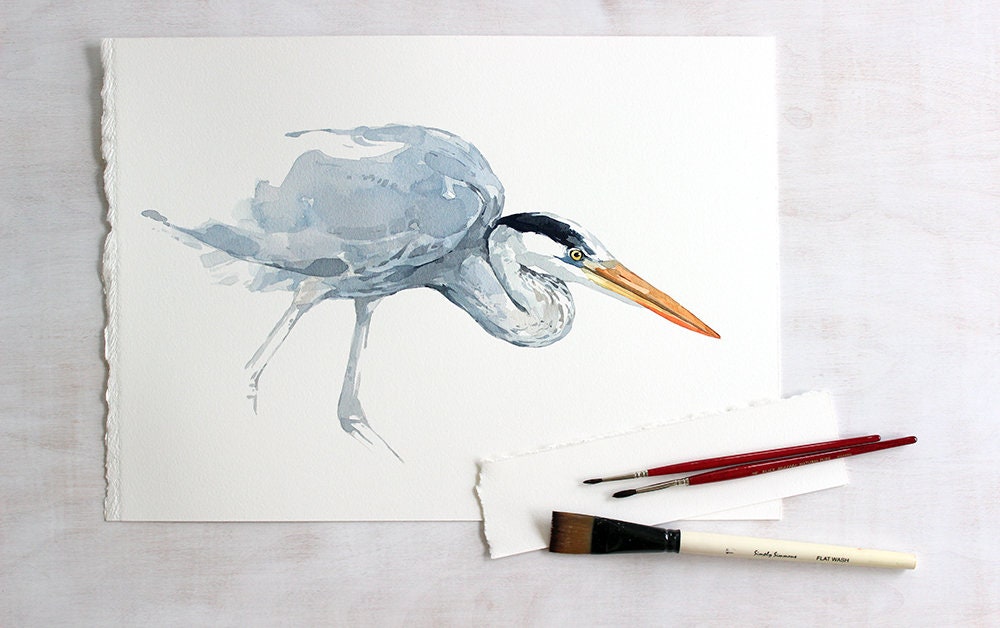 Great Blue Heron Watercolor Study Print, Coastal Bird Wall Art